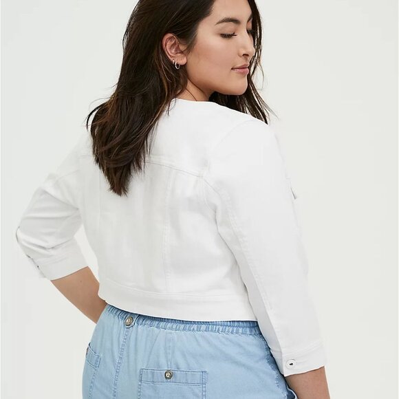 🆕 3X WHITE CROP COLLARLESS DENIM JACKET - Picture 4 of 5